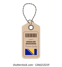 Hang Tag Made In Bosnia And Herzegovina With Flag Icon Isolated On A White Background. Vector Illustration. Made In Badge. Business Concept. Buy products made in Bosnia And Herzegovina. Use For