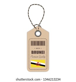 Hang Tag Made In Brunei With Flag Icon Isolated On A White Background. Vector Illustration. Made In Badge. Business Concept. Buy products made in Brunei. Use For Brochures, Printed Materials, Logos
