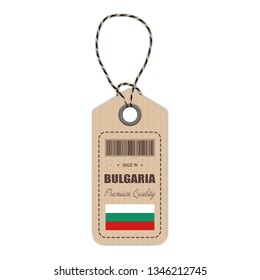 Hang Tag Made In Bulgaria With Flag Icon Isolated On A White Background. Vector Illustration. Made In Badge. Business Concept. Buy products made in Bulgaria. Use For Brochures, Printed Materials