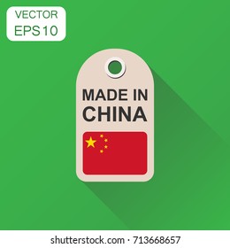 Hang tag made in China with flag icon. Business concept manufactured in China. Vector illustration on green background with long shadow.