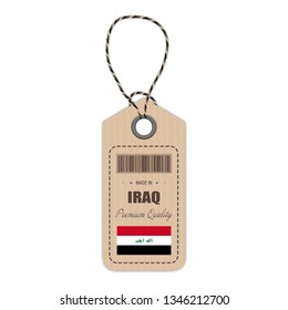 Hang Tag Made In Iraq With Flag Icon Isolated On A White Background. Vector Illustration. Made In Badge. Business Concept. Buy products made in Iraq. Use For Brochures, Printed Materials, Logos