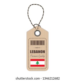 Hang Tag Made In Lebanon With Flag Icon Isolated On A White Background. Vector Illustration. Made In Badge. Business Concept. Buy products made in Lebanon. Use For Brochures, Printed Materials, Logos