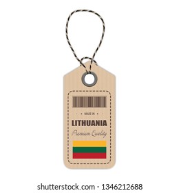 Hang Tag Made In Lithuania With Flag Icon Isolated On A White Background. Vector Illustration. Made In Badge. Business Concept. Buy products made in Lithuania. Use For Brochures, Printed Materials