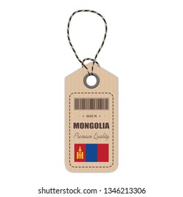 Hang Tag Made In Mongolia With Flag Icon Isolated On A White Background. Vector Illustration. Made In Badge. Business Concept. Buy products made in Mongolia. Use For Brochures, Printed Materials