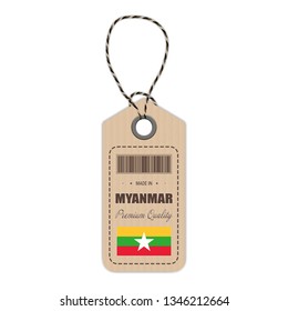 Hang Tag Made In Myanmar With Flag Icon Isolated On A White Background. Vector Illustration. Made In Badge. Business Concept. Buy products made in Myanmar. Use For Brochures, Printed Materials, Logos