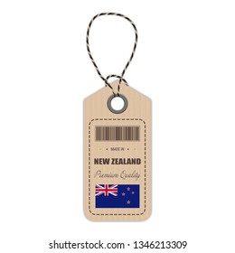 Hang Tag Made In New Zealand With Flag Icon Isolated On A White Background. Vector Illustration. Made In Badge. Business Concept. Buy products made in New Zealand. Use For Brochures, Printed Materials