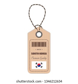 Hang Tag Made In South Korea With Flag Icon Isolated On A White Background. Vector Illustration. Made In Badge. Business Concept. Buy products made in South Korea. Use For Brochures, Printed Materials