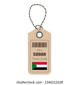 Hang Tag Made In Sudan With Flag Icon Isolated On A White Background. Vector Illustration. Made In Badge. Business Concept. Buy products made in Sudan. Use For Brochures, Printed Materials, Logos
