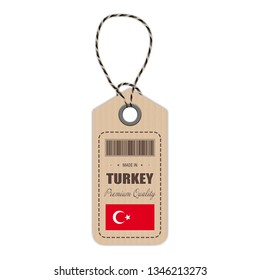 Hang Tag Made In Turkey With Flag Icon Isolated On A White Background. Vector Illustration. Made In Badge. Business Concept. Buy products made in Turkey. Use For Brochures, Printed Materials, Logos