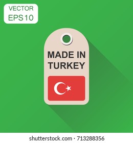 Hang tag made in Turkey with flag icon. Business concept manufactued in Turkey. Vector illustration on green background with long shadow.