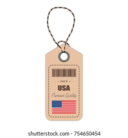 Hang Tag Made In USA With Flag Icon Isolated On A White Background. Vector Illustration. Made In Badge. Business Concept. Buy products made in United States Of America. Use For Brochures, Printed