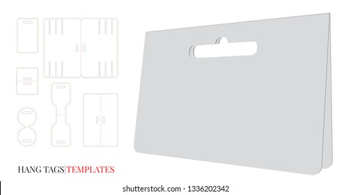 Hang Tag Template, Vector with die cut / laser cut lines. Set with different template designs. Price Tag. White, clear, blank, isolated Hang Tag mock up on white background. Packaging Design 