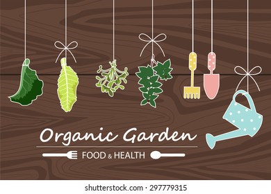 Hang vegetables with white rope on wooden background. Fresh vegetables and gardening equipment. Vector illustration