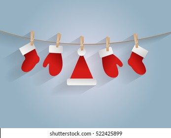 Hang Winter Clothes. Santa Stocking Cap Glove. Vector Icon Paper Art Style.