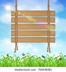 hang wood board sign with grass and sky