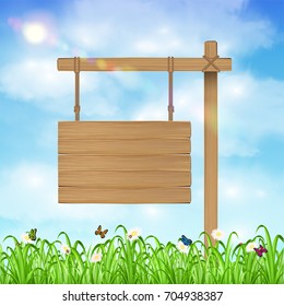 hang wood board sign with grass and sky