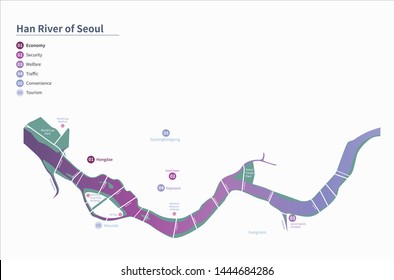 Hangang Map. Vector Of Han River Park In Seoul Map.