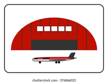 Hangar icon with plane in the frame. Red building, isolated on white background.
