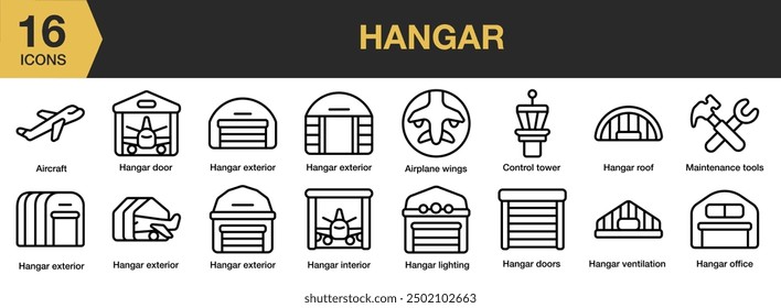 Hangar icon set. Includes aircraft, hangar door, hangar roof, hangar, office, and More. Outline icons vector collection.