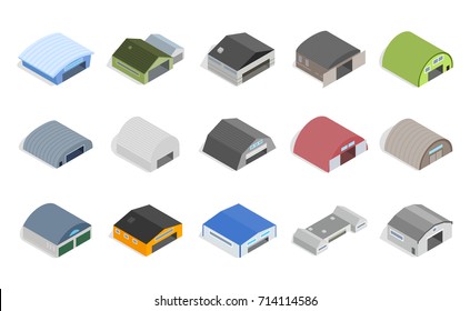 Hangar icons set in isometric 3d style isolated on white background. Hangar vector icons illustration