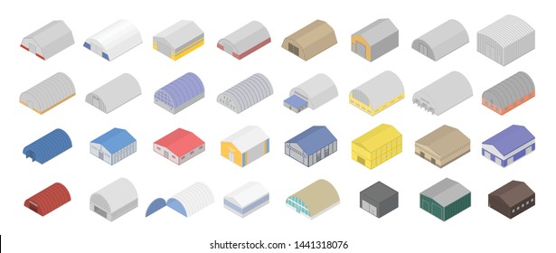 Hangar icons set. Isometric set of hangar vector icons for web design isolated on white background svg