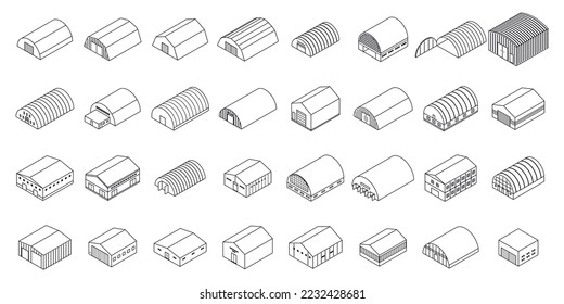 Hangar icons set. Isometric set of hangar vector icons outline vector on white background