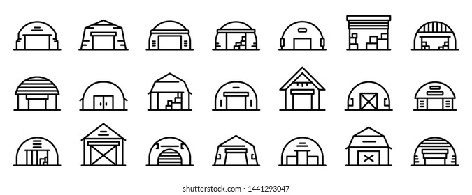 Hangar icons set. Outline set of hangar vector icons for web design isolated on white background svg