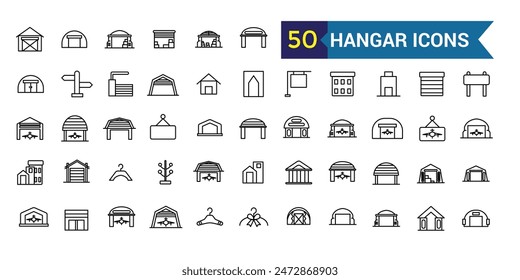 Hangar icons set. Outline set of hangar vector icons for ui design. Outline icon collection. Editable stroke.