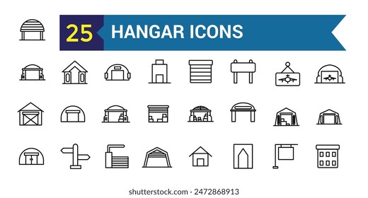 Conjunto de iconos de hangar. Conjunto esquemático de iconos de vectores de hangar para el diseño de ui. Colección de iconos de esquema. Trazo editable.