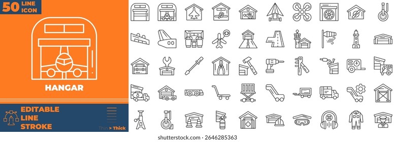 Linha Hangar Editável Ícones definidos. Ilustração vetorial no estilo moderno de linha fina de ícones do hangar: avião, escritório, aeroporto, etc