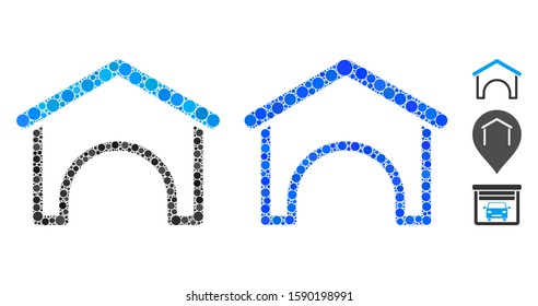 Hangar mosaic of filled circles in different sizes and color tones, based on hangar icon. Vector filled circles are composed into blue mosaic. Dotted hangar icon in usual and blue versions.