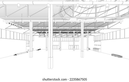 Hangar outline from black lines isolated on white background. Warehouse space. 3D. Vector illustration.