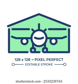 Hangar RGB color icon. Aircraft storage. Airplane maintenance, repair. Aviation shelter. Airport infrastructure. Isolated vector illustration. Simple filled line drawing. Editable stroke