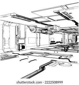 Vector de interior Hangar Satellite 09. Ilustración Aislada En Fondo Blanco. Ilustración vectorial De Un Interior De Satélite Hangar.