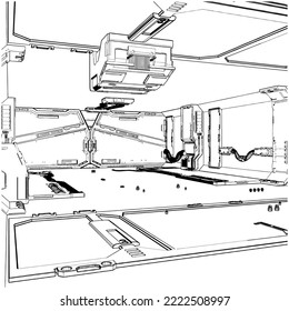 Vector interior Hangar Satellite 10. Ilustración Aislada En Fondo Blanco. Ilustración vectorial De Un Interior De Satélite Hangar.