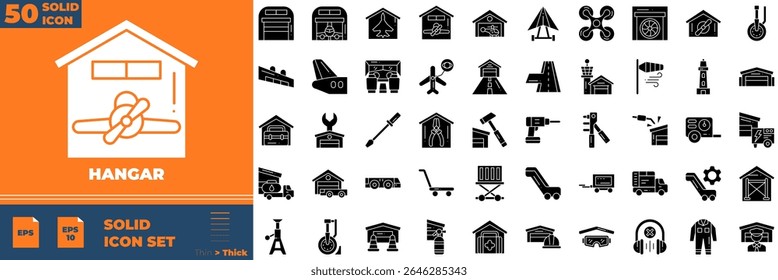 Hangar Solid Editable Icons set. Ilustração vetorial em estilo sólido fino moderno de ícones do hangar: avião, escritório, aeroporto, etc