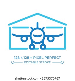 Hangar two color line icon. Aircraft storage. Airplane maintenance. Aviation shelter. Airport infrastructure. Bicolor outline symbol. Duotone linear pictogram. Isolated illustration. Editable stroke