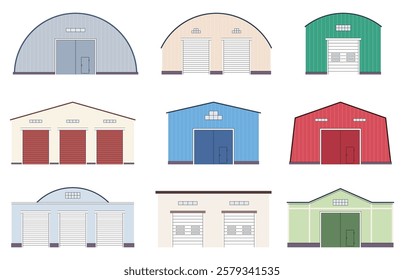Hangar warehouse building. Premises for storing goods and things. Warehouse with products, goods. Logistics company, private hangar. Vector illustration