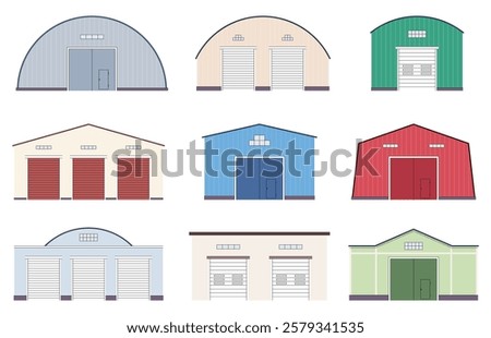 Hangar warehouse building. Premises for storing goods and things. Warehouse with products, goods. Logistics company, private hangar. Vector illustration