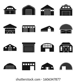 Hangar, warehouse of building vector black icon set.Vector isolated illustration architecture of hangar .Icon set of facade building.