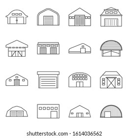 Hangar, warehouse of building vector outline icon set.Vector isolated illustration architecture of hangar .Icon set of facade building.