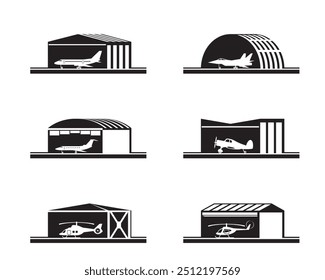 Hangars with aircrafts and helicopters – vector illustration