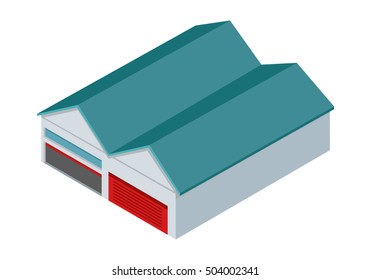 Hangars icon. Two hangars, garages or warehouses with rolling gates vector illustration in isometric projection isolated on white background. For apps, infographics, game environment, web design