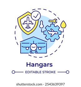 Hangars multi color concept icon. Airline management. Aircraft maintenance, engineering. Round shape line illustration. Abstract idea. Graphic design. Easy to use in infographic, presentation