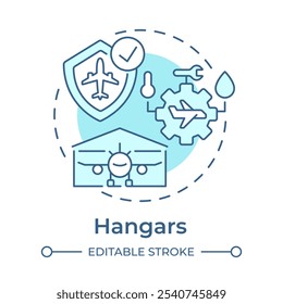 Hangars soft blue concept icon. Airline management. Aircraft maintenance, engineering. Round shape line illustration. Abstract idea. Graphic design. Easy to use in infographic, presentation