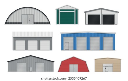 Hangares armazém e instalações de armazenamento diferentes fachada definir ilustração vetor realista. Propriedade industrial de carga comercial para a segurança do transporte de mercadorias. Exterior da porta do rolo do armazém corporativo