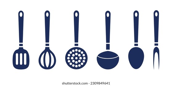 Hanged Kitchen Utensils. Cooking Tools, Metal skimmer, Whisk, Spatula, Carving Fork, Ladle, Spoon Home and Cafe Kitchenware, Vector Image