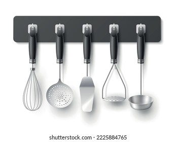 Hanged kitchen utensils. Realistic steel cooking tools, 3d isolated metal equipments, cutlery mockup, metal skimmer, whisk and spatula, home and cafe kitchenware, utter vector concept