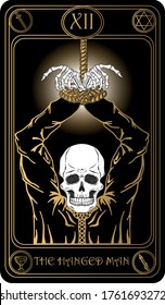 The hanged man. The 12th card of Major arcana black and gold tarot cards. Tarot deck. Vector hand drawn illustration with skulls, occult, mystical and esoteric symbols.