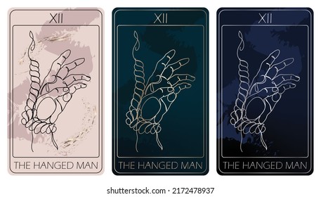 The Hanged Man. A card of Major arcana one line drawing tarot cards. Vector linear hand drawn illustration with occult, mystical and esoteric symbols. 3 colors. Proposional to 2,75x4,75 in.